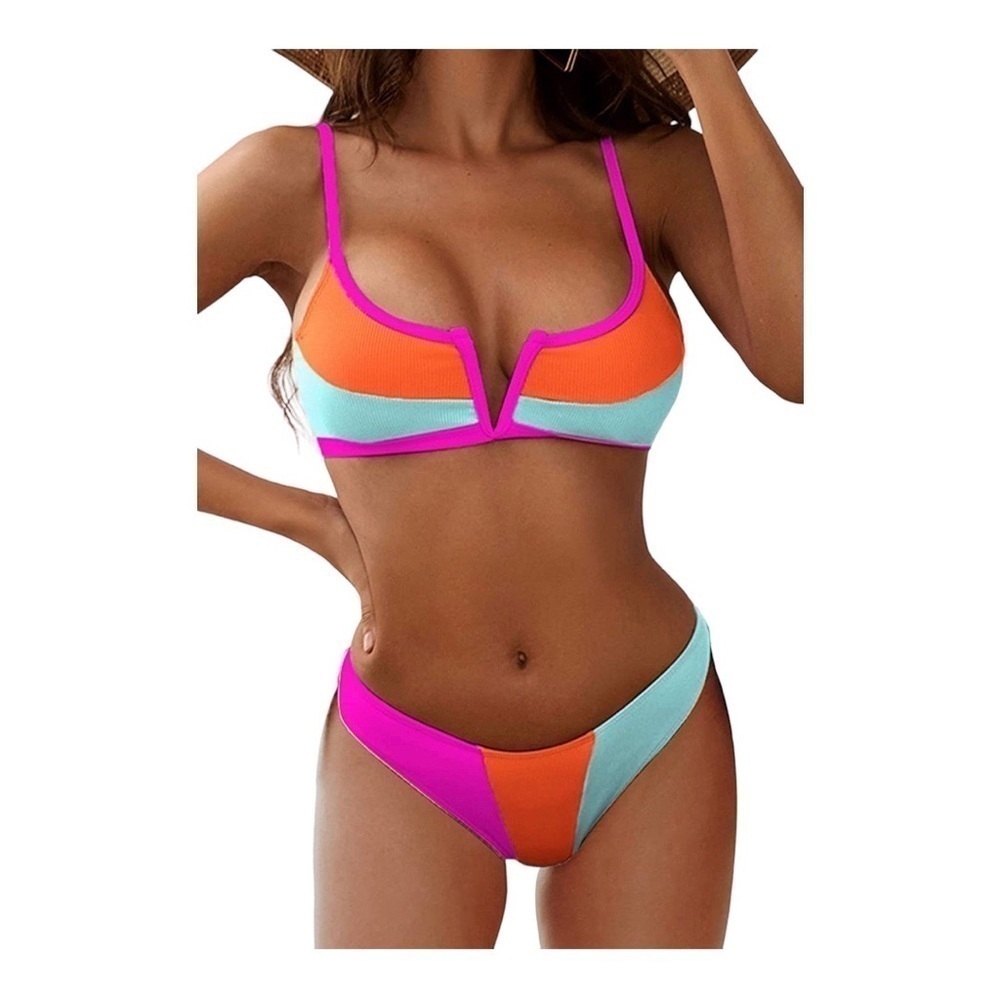 Zaful Orange Pink Blue Colorblock V-Notch Bikini Top
